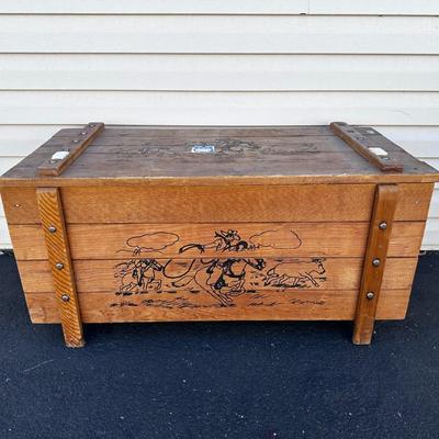 Vintage Pine Toy Chest Cowboy Stage Coach Design