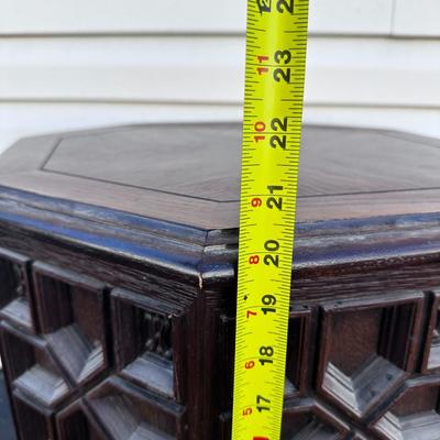 Sale Photo Thumbnail #560: Vintage Hand Made Solid Walnut English Revival Gothic Jacobean 21" Octagonal Storage Accent End Table