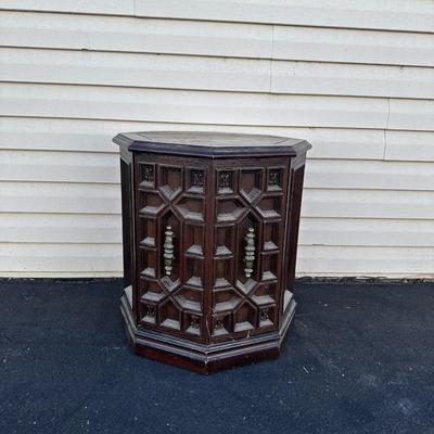 Vintage Hand Made Solid Walnut English Revival Gothic Jacobean 21" Octagonal Storage Accent End Table