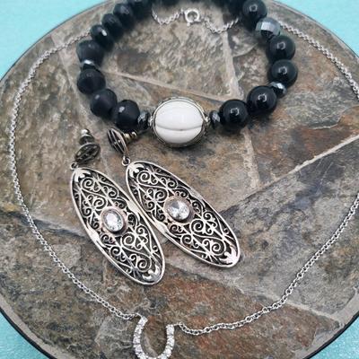Various Jewelry Of Black Onyx, Crystal, Sterling Silver