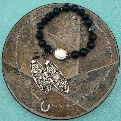Various Jewelry Of Black Onyx, Crystal, Sterling Silver