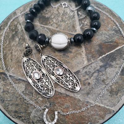 Various Jewelry Of Black Onyx, Crystal, Sterling Silver