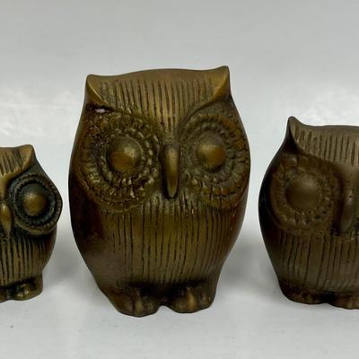 Mid-century Solid Brass Owl Set of 3