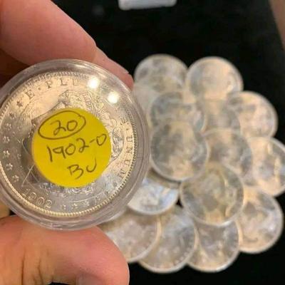 20 1902 O mint BU Morgan Silver Dollars