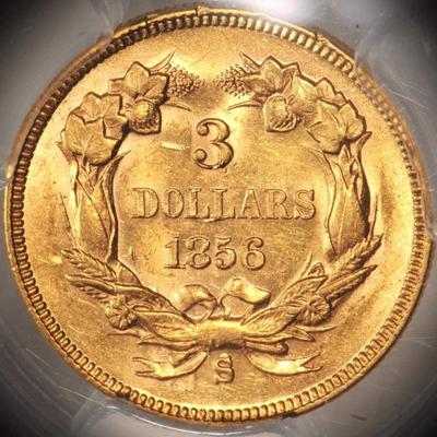 1856 Gold 3 $ Coin Graded MS 61