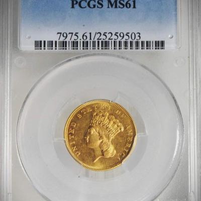 1856 Gold 3 $ Coin Graded MS 61