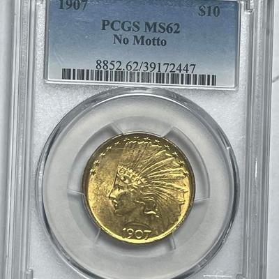 1907 10$ Gold Coin No Motto Graded MS 62