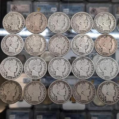 Lot if 20 Barber Half Dollars 90 % Silver