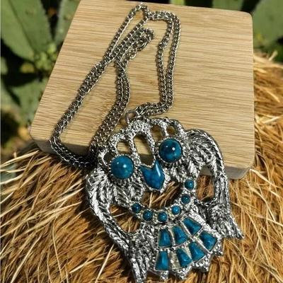 Vintage Owl Pendant with Blue Howlite Stones