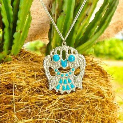 Vintage Owl Pendant with Blue Howlite Stones