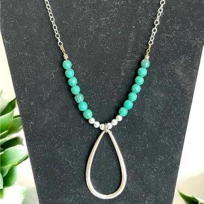 Silvertone Necklace with Pendant and Blue Wooden Beads