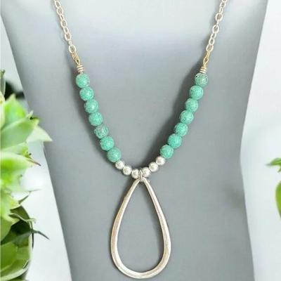 Silvertone Necklace with Pendant and Blue Wooden Beads