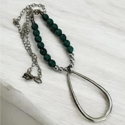 Silvertone Necklace with Pendant and Blue Wooden Beads