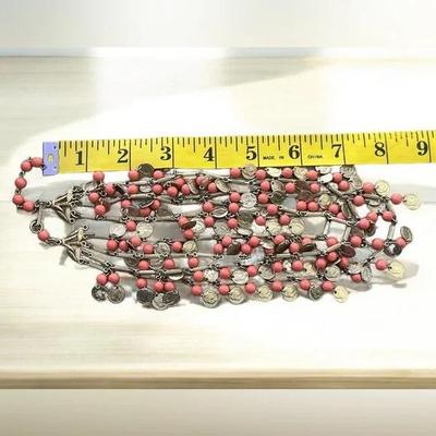 Vintage Coral Bead and Faux Roman Coin Multi-Strand Necklace