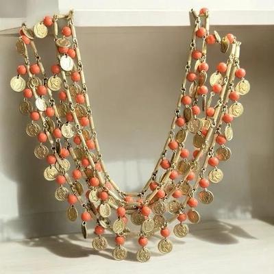 Vintage Coral Bead and Faux Roman Coin Multi-Strand Necklace