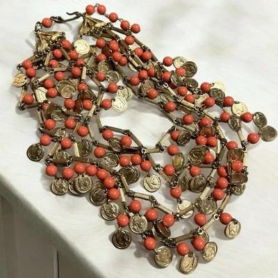 Vintage Coral Bead and Faux Roman Coin Multi-Strand Necklace