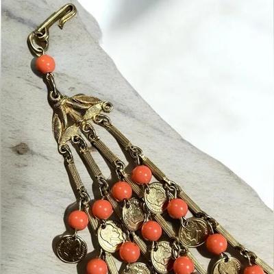 Vintage Coral Bead and Faux Roman Coin Multi-Strand Necklace