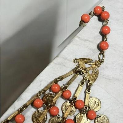 Vintage Coral Bead and Faux Roman Coin Multi-Strand Necklace