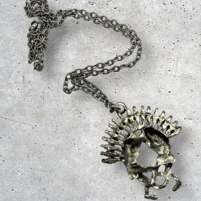 Vintage Silver-Tone Faux Turquoise Indians Dancing Necklace