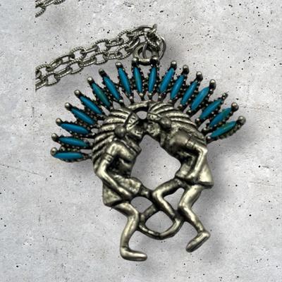 Vintage Silver-Tone Faux Turquoise Indians Dancing Necklace