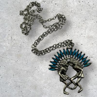Vintage Silver-Tone Faux Turquoise Indians Dancing Necklace