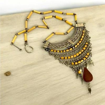 Vintage Silvertone Boho Beaded Bib Necklace