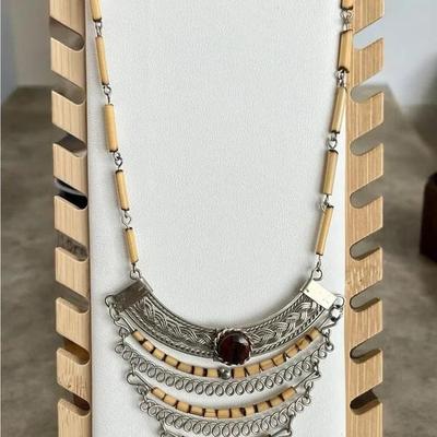 Vintage Silvertone Boho Beaded Bib Necklace