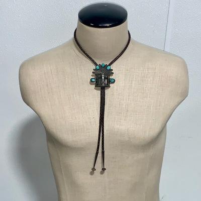 Native American Pawn Silver and Turquoise Bolo Tie