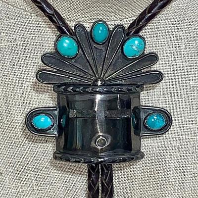 Native American Pawn Silver and Turquoise Bolo Tie