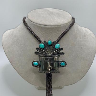 Native American Pawn Silver and Turquoise Bolo Tie