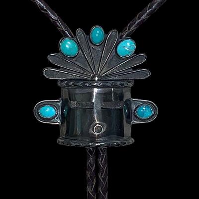 Native American Pawn Silver and Turquoise Bolo Tie