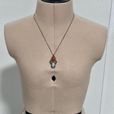 Native American Pawn Silver, Turquoise, and Coral Necklace and Ring Set
