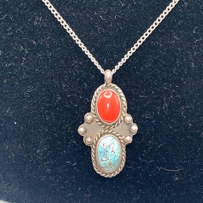 Native American Pawn Silver, Turquoise, and Coral Necklace and Ring Set
