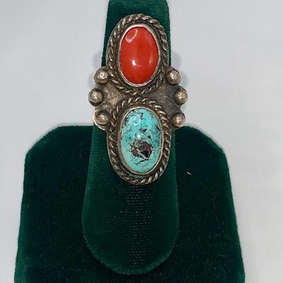 Native American Pawn Silver, Turquoise, and Coral Necklace and Ring Set