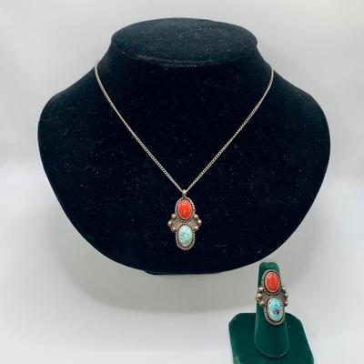 Native American Pawn Silver, Turquoise, and Coral Necklace and Ring Set
