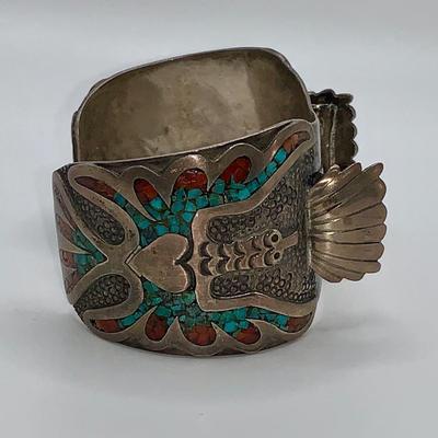 Native American Pawn Silver, Turquoise, and Coral Cuff Bracelet/Watch Band