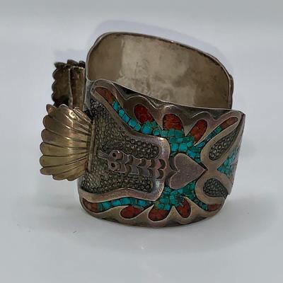 Native American Pawn Silver, Turquoise, and Coral Cuff Bracelet/Watch Band