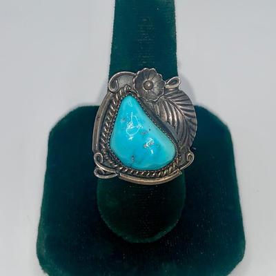 Native American Pawn Silver and Turquoise Ring, L Reeves
