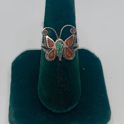 Native American Pawn Silver, Turquoise, and Coral Butterfly Ring