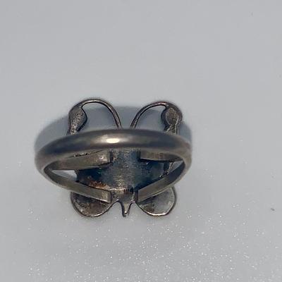 Native American Pawn Silver, Turquoise, and Coral Butterfly Ring