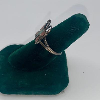 Native American Pawn Silver, Turquoise, and Coral Butterfly Ring