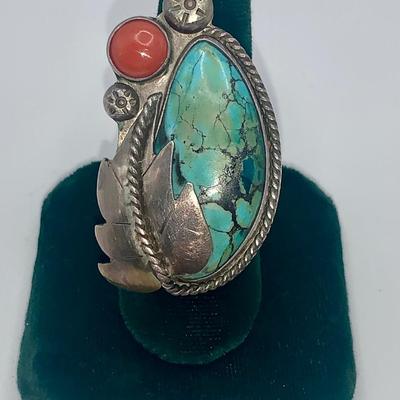 Ornate Native American Pawn Silver, Turquoise, and Coral Ring