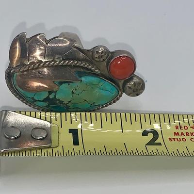 Ornate Native American Pawn Silver, Turquoise, and Coral Ring