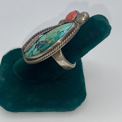 Ornate Native American Pawn Silver, Turquoise, and Coral Ring