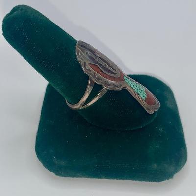 Native American Navajo Pawn Silver, Turquoise, and Coral Ring, Jack Tom