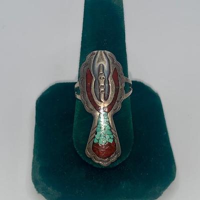 Native American Navajo Pawn Silver, Turquoise, and Coral Ring, Jack Tom