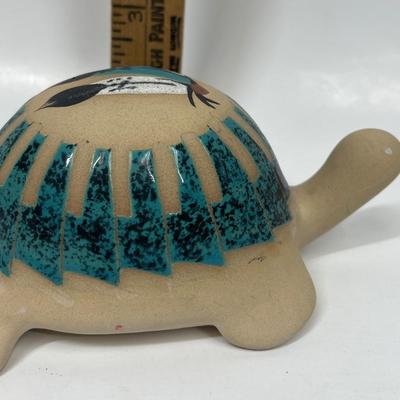Turtle Figurine Vintage Southwestern American Indian Hand-painted with Malachite Scales signed