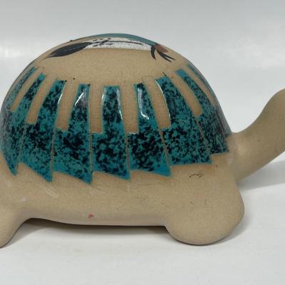 Turtle Figurine Vintage Southwestern American Indian Hand-painted with Malachite Scales signed