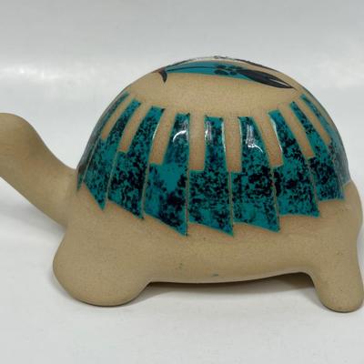 Turtle Figurine Vintage Southwestern American Indian Hand-painted with Malachite Scales signed