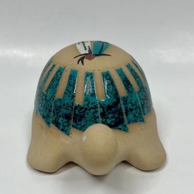 Turtle Figurine Vintage Southwestern American Indian Hand-painted with Malachite Scales signed